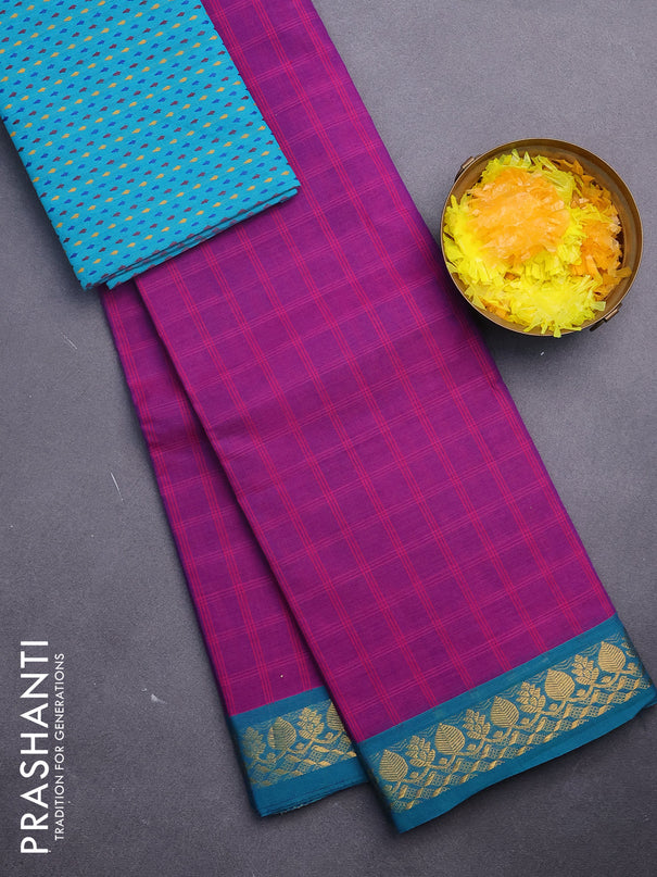 Chettinad cotton saree magenta pink and teal blue with allover checked pattern and zari woven border & woven blouse