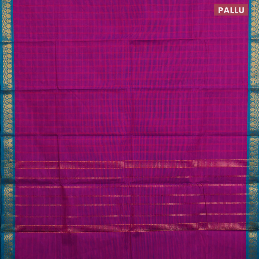 Chettinad cotton saree magenta pink and teal blue with allover checked pattern and zari woven border & woven blouse