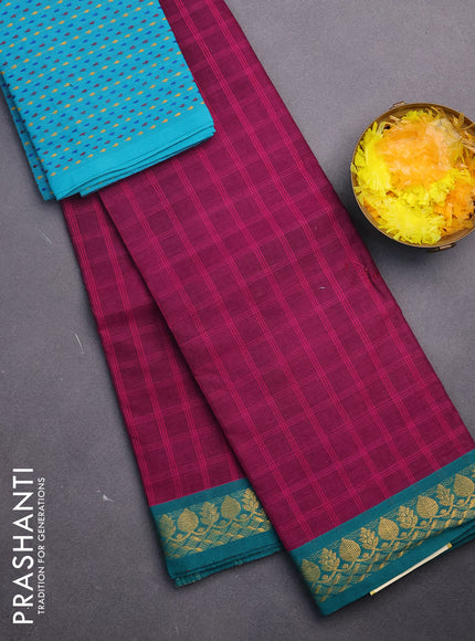 Chettinad cotton saree magenta pink and green with allover checked pattern and zari woven border & woven blouse