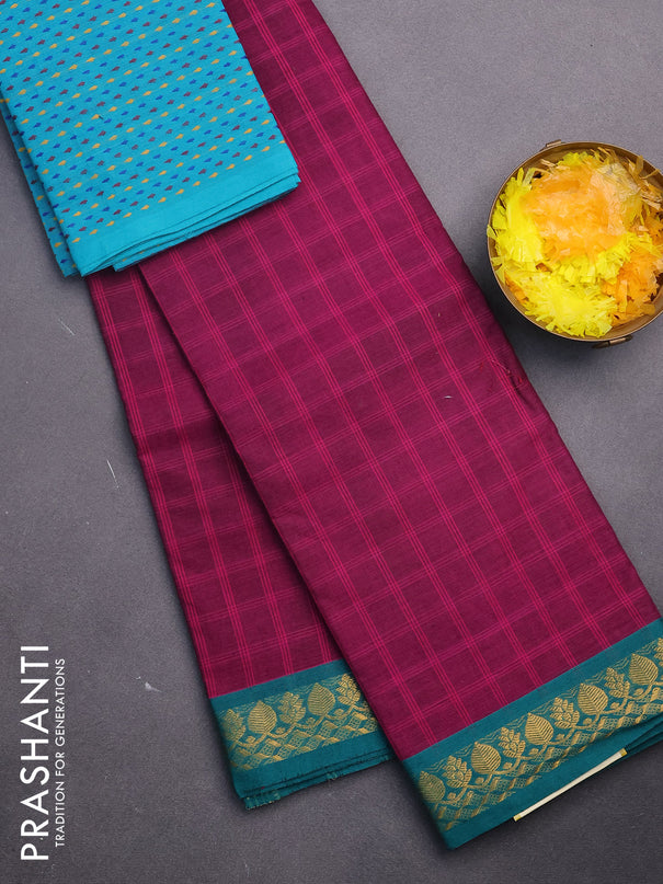 Chettinad cotton saree magenta pink and green with allover checked pattern and zari woven border & woven blouse