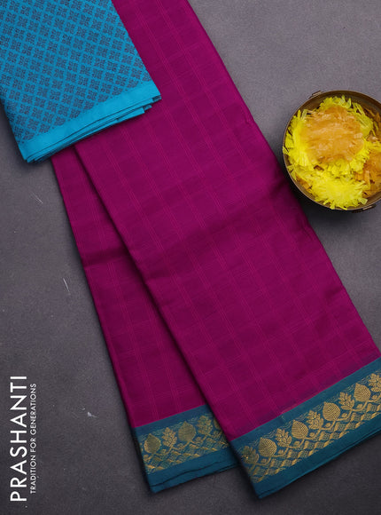 Chettinad cotton saree pink and teal green with allover checked pattern and zari woven border & woven blouse