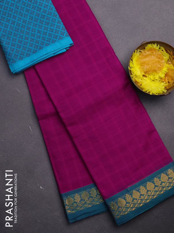 Chettinad cotton saree pink and teal green with allover checked pattern and zari woven border & woven blouse