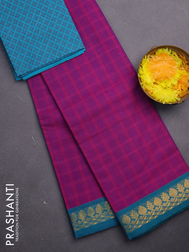 Chettinad cotton saree purple and teal green with allover checked pattern and zari woven border & woven blouse