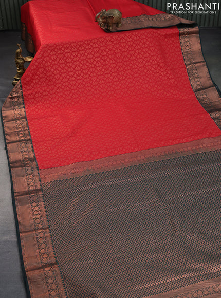 Bangalori silk saree red and bottle green with allover zari woven brocade weaves and copper zari woven border