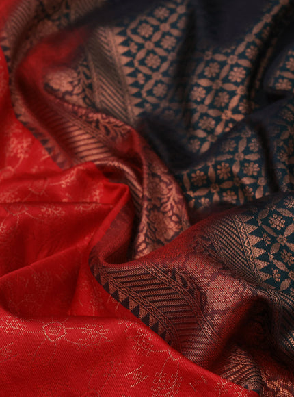 Bangalori silk saree red and bottle green with allover zari woven brocade weaves and copper zari woven border