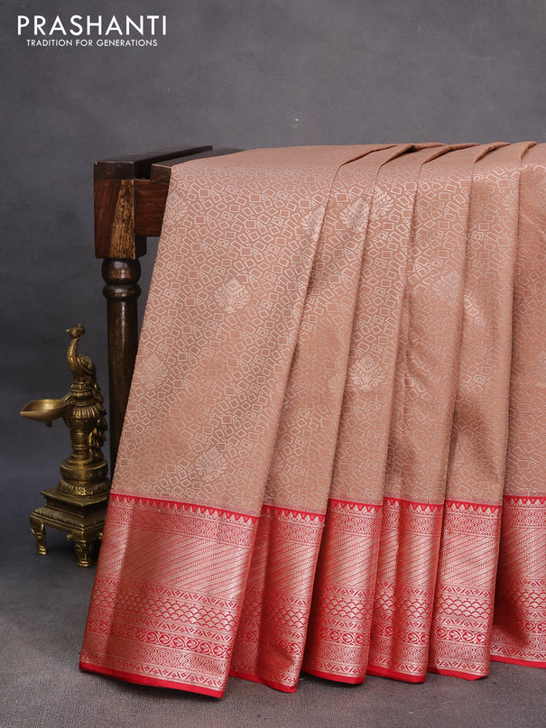 Bangalori silk saree pastel brown and red with allover silver zari woven brocade weaves and zari woven border