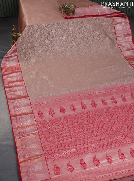 Bangalori silk saree pastel brown and red with allover silver zari woven brocade weaves and zari woven border