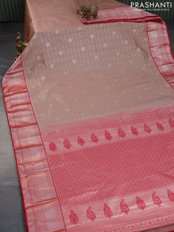 Bangalori silk saree pastel brown and red with allover silver zari woven brocade weaves and zari woven border