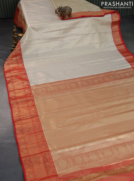 Bangalori tissue silk saree cream and red with allover silver zari woven brocade weaves and long zari woven border