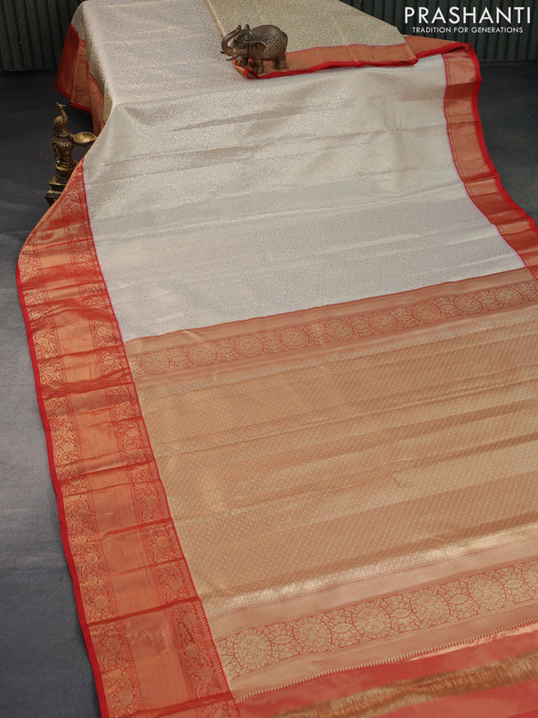 Bangalori tissue silk saree cream and red with allover silver zari woven brocade weaves and long zari woven border