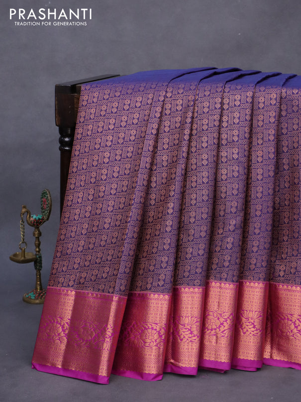 Bangalori silk saree dark blue and purple with allover copper zari woven brocade weaves and zari woven border