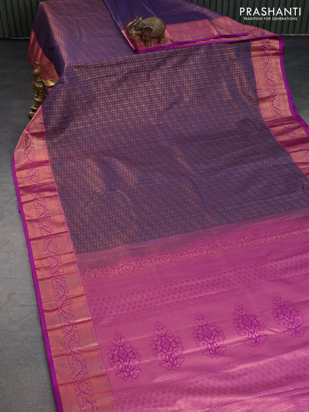 Bangalori silk saree dark blue and purple with allover copper zari woven brocade weaves and zari woven border