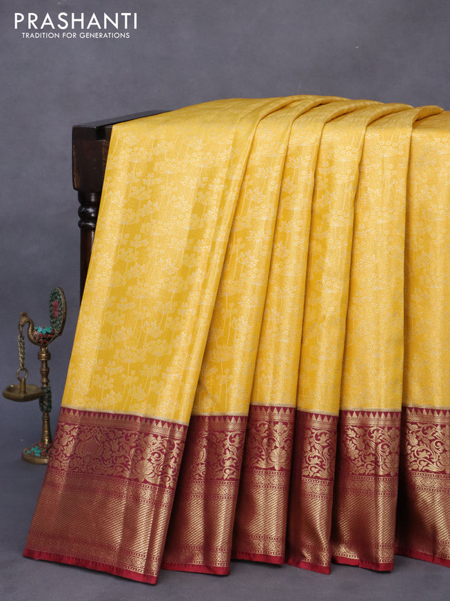 Bangalori silk saree yellow and maroon with allover zari woven brocade weaves and rich zari woven border