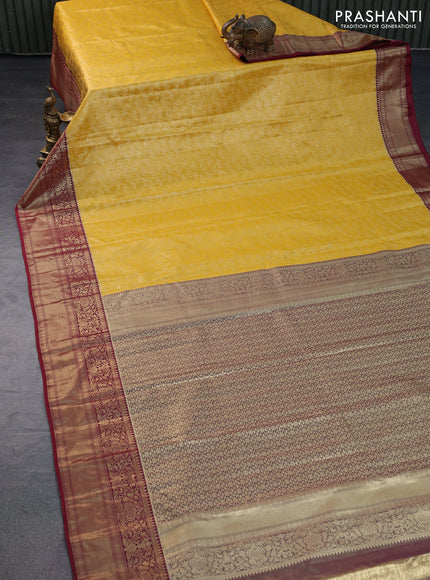 Bangalori silk saree yellow and maroon with allover zari woven brocade weaves and rich zari woven border