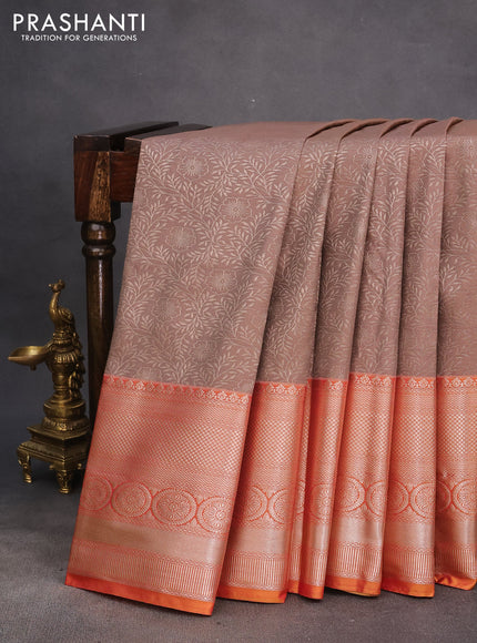 Bangalori silk saree grey shade and dual shade of yellowish pink with allover zari woven brocade weaves and long zari woven border