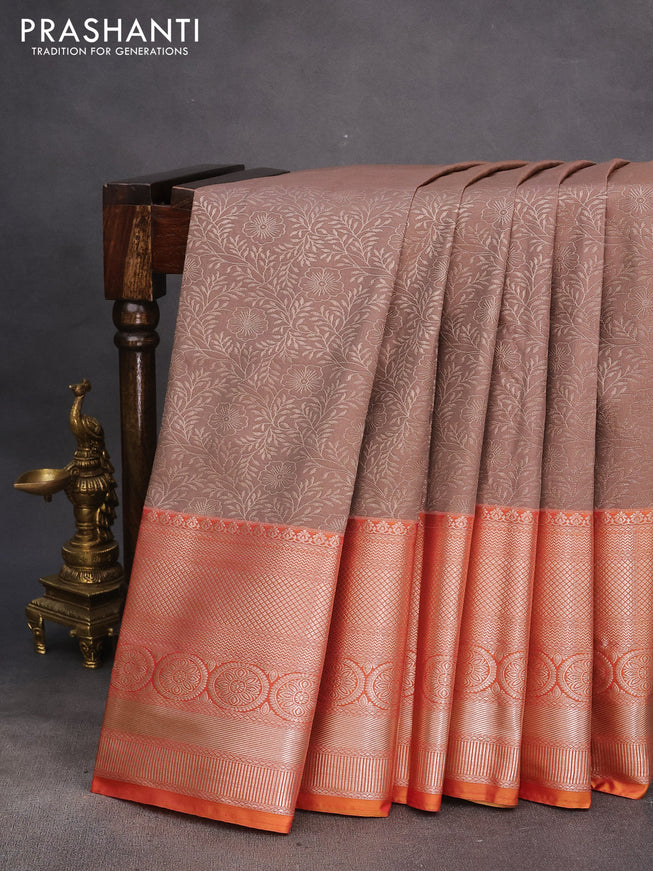 Bangalori silk saree grey shade and dual shade of yellowish pink with allover zari woven brocade weaves and long zari woven border