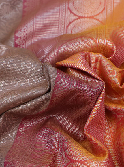 Bangalori silk saree grey shade and dual shade of yellowish pink with allover zari woven brocade weaves and long zari woven border