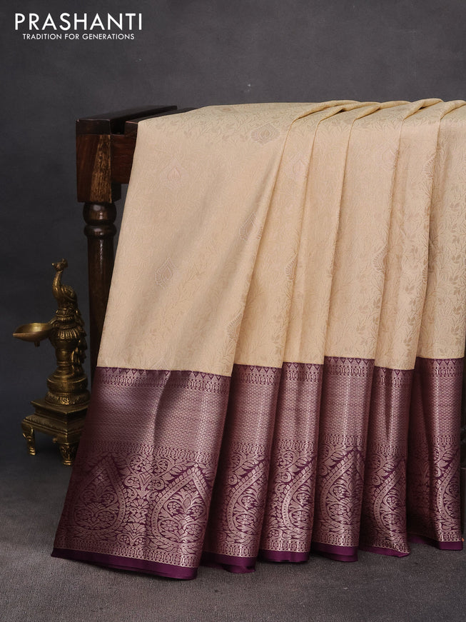 Bangalori silk saree cream and deep purple with allover zari woven brocade weaves and long zari woven border