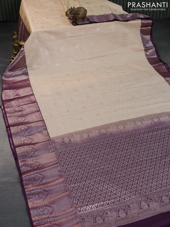 Bangalori silk saree cream and deep purple with allover zari woven brocade weaves and long zari woven border