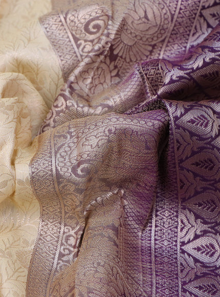 Bangalori silk saree cream and deep purple with allover zari woven brocade weaves and long zari woven border