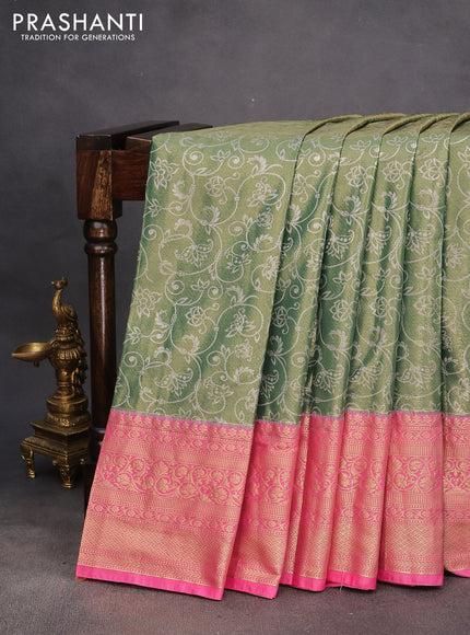 Bangalori tissue silk saree green and light pink with allover silver zari woven brocade weaves and zari woven border