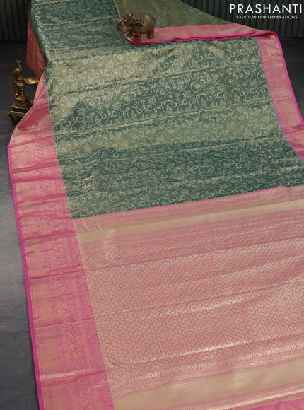 Bangalori tissue silk saree green and light pink with allover silver zari woven brocade weaves and zari woven border