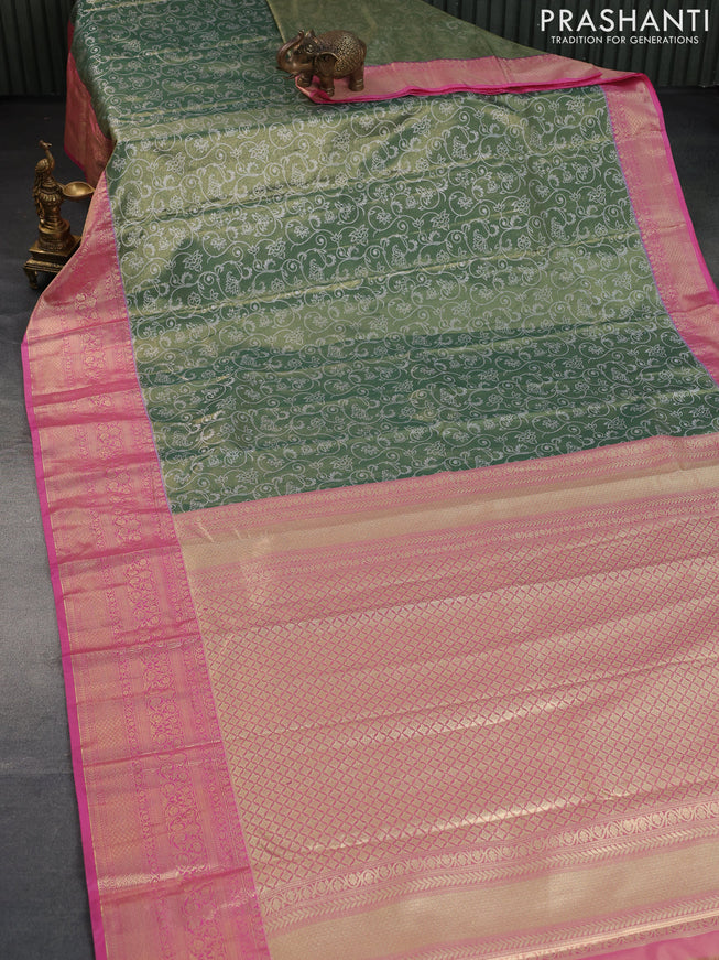 Bangalori tissue silk saree green and light pink with allover silver zari woven brocade weaves and zari woven border