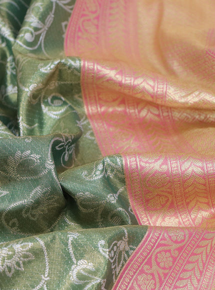 Bangalori tissue silk saree green and light pink with allover silver zari woven brocade weaves and zari woven border