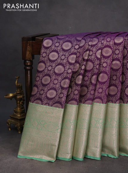 Bangalori silk saree deep violet and pastel green with allover zari weaves and long zari woven border