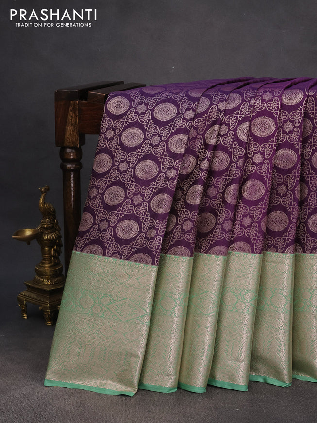 Bangalori silk saree deep violet and pastel green with allover zari weaves and long zari woven border