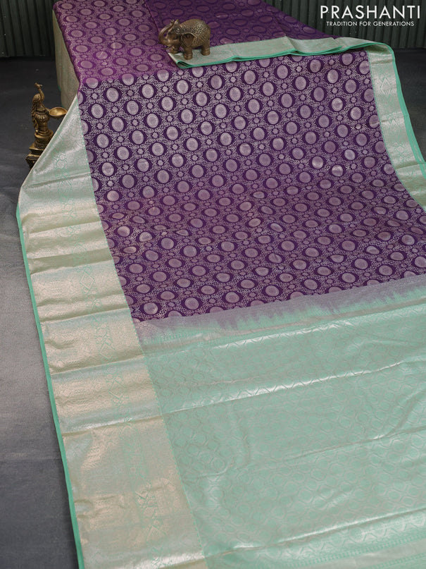 Bangalori silk saree deep violet and pastel green with allover zari weaves and long zari woven border