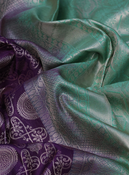 Bangalori silk saree deep violet and pastel green with allover zari weaves and long zari woven border