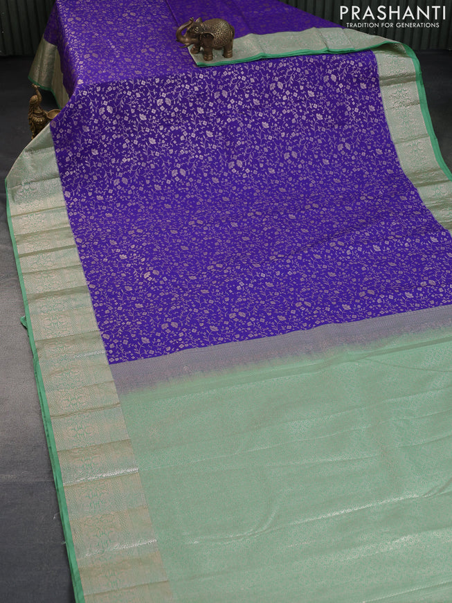 Bangalori silk saree blue and pastel green with allover zari weaves and zari woven border