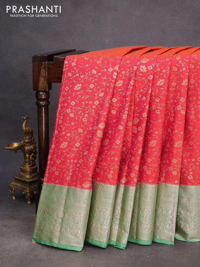 Bangalori silk saree dual shade of pinkish orange and pastel green with allover zari weaves and zari woven border