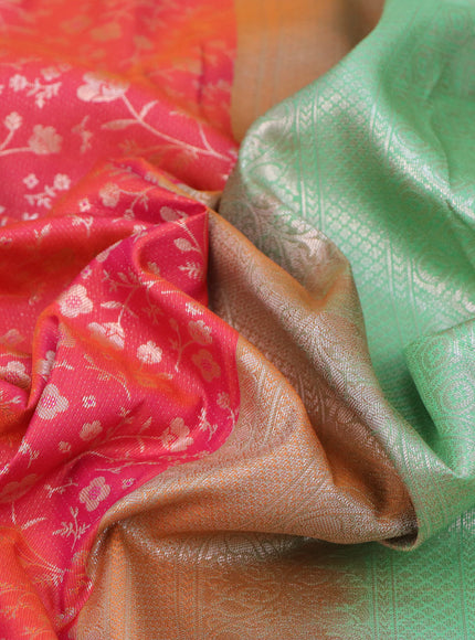 Bangalori silk saree dual shade of pinkish orange and pastel green with allover zari weaves and zari woven border