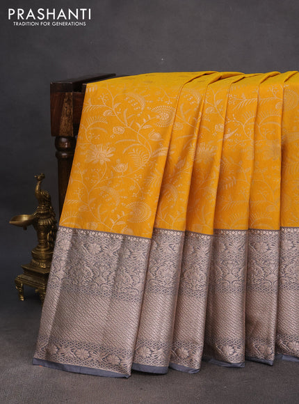 Bangalori silk saree yellow and grey with allover zari woven brocade weaves and long zari woven border