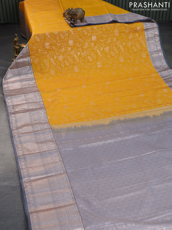 Bangalori silk saree yellow and grey with allover zari woven brocade weaves and long zari woven border