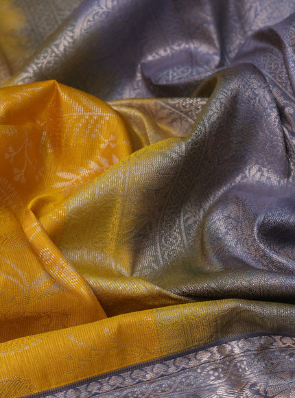 Bangalori silk saree yellow and grey with allover zari woven brocade weaves and long zari woven border