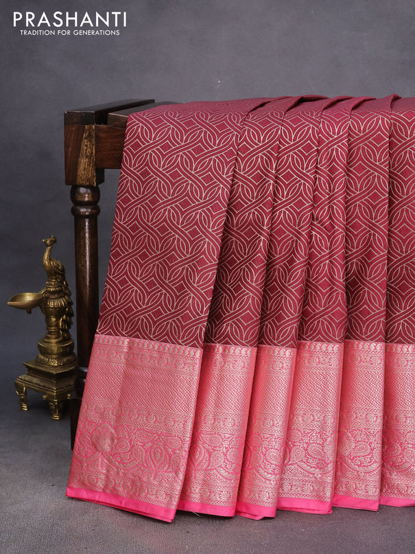 Bangalori silk saree maroon and pink with allover zari woven brocade weaves and long zari woven border