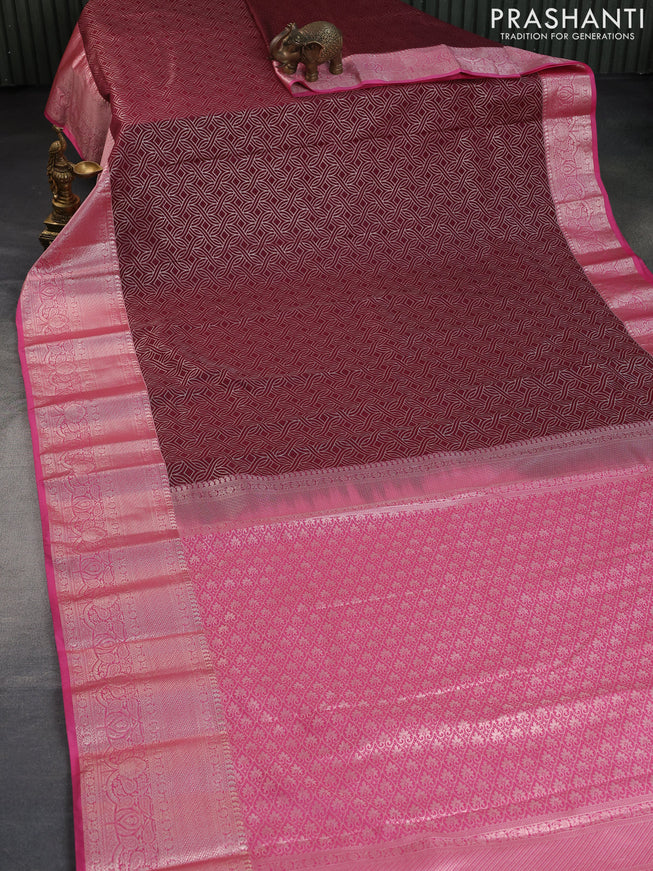 Bangalori silk saree maroon and pink with allover zari woven brocade weaves and long zari woven border