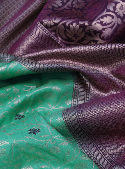 Bangalori silk saree teal green shade and deep violet with allover silver zari woven brocade weaves and long zari woven border