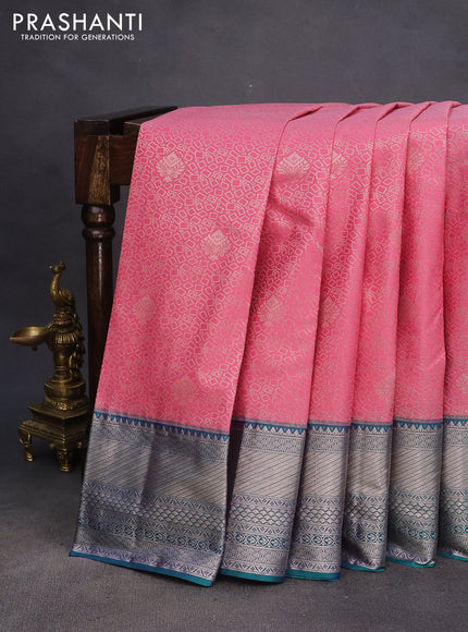 Bangalori silk saree light pink and teal green with allover silver zari woven brocade weaves and zari woven border