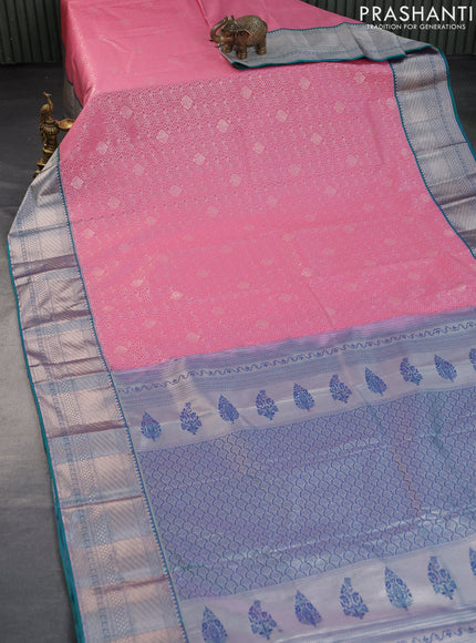 Bangalori silk saree light pink and teal green with allover silver zari woven brocade weaves and zari woven border