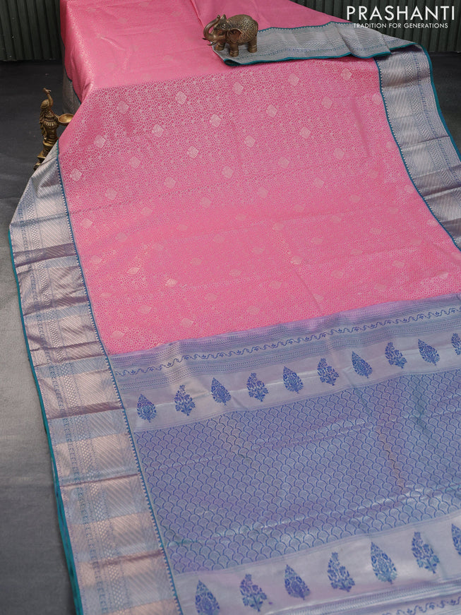 Bangalori silk saree light pink and teal green with allover silver zari woven brocade weaves and zari woven border