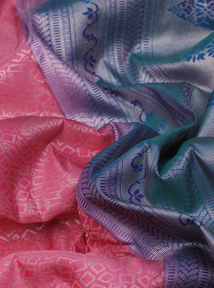 Bangalori silk saree light pink and teal green with allover silver zari woven brocade weaves and zari woven border