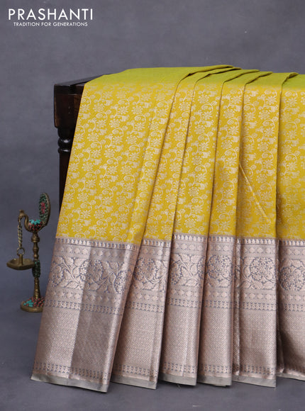 Bangalori silk saree lime yellow and grey with allover zari woven brocade weaves and long zari woven border