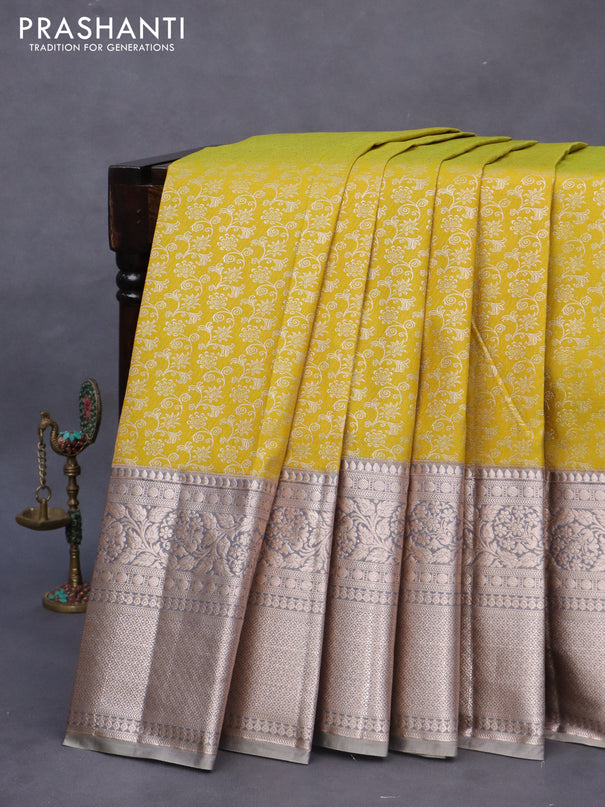 Bangalori silk saree lime yellow and grey with allover zari woven brocade weaves and long zari woven border