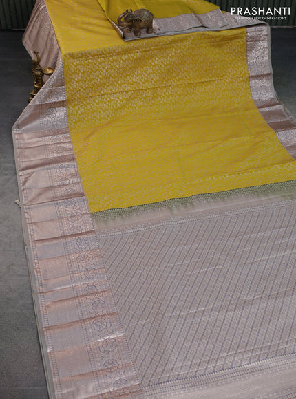 Bangalori silk saree lime yellow and grey with allover zari woven brocade weaves and long zari woven border