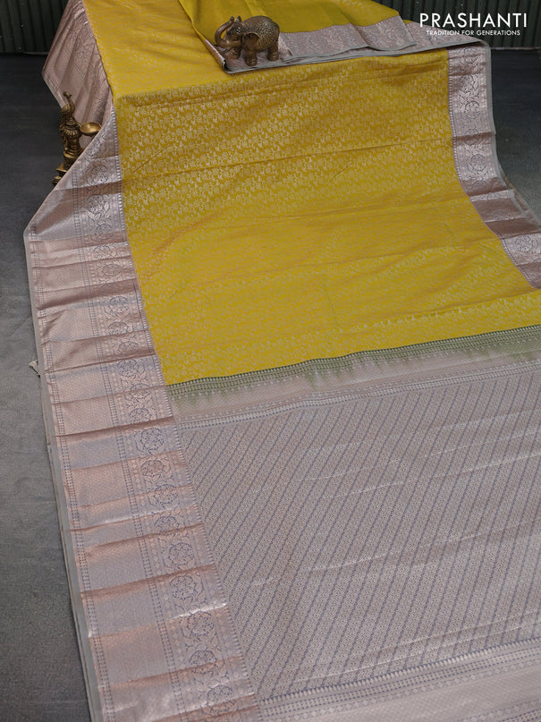 Bangalori silk saree lime yellow and grey with allover zari woven brocade weaves and long zari woven border