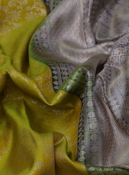 Bangalori silk saree lime yellow and grey with allover zari woven brocade weaves and long zari woven border